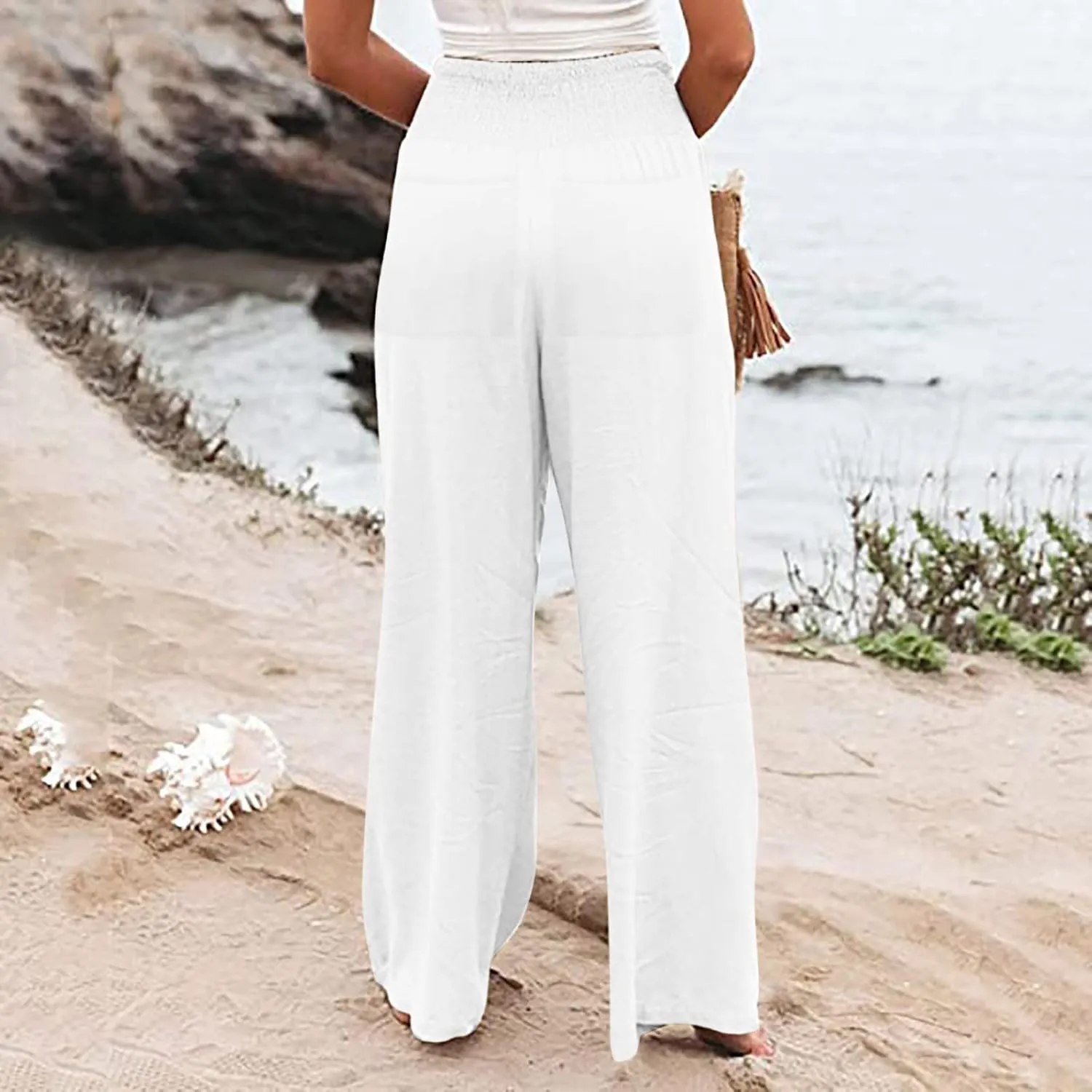 Women's Cotton Linen Summer Pull On Palazzo Lounge Pants Low Waist Bootcut Slim-Fit Trousers Trendy