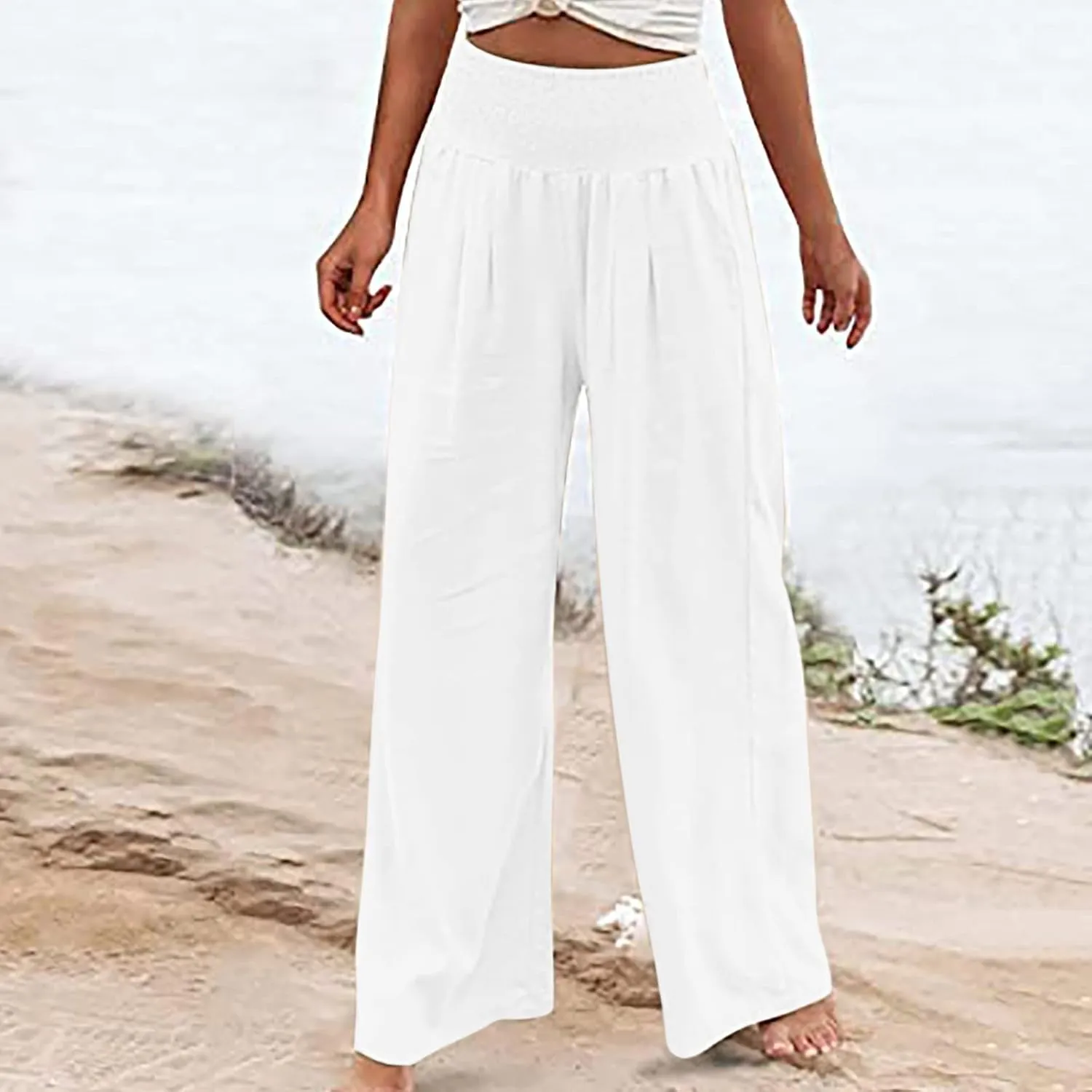 Women's Cotton Linen Summer Pull On Palazzo Lounge Pants Low Waist Bootcut Slim-Fit Trousers Trendy