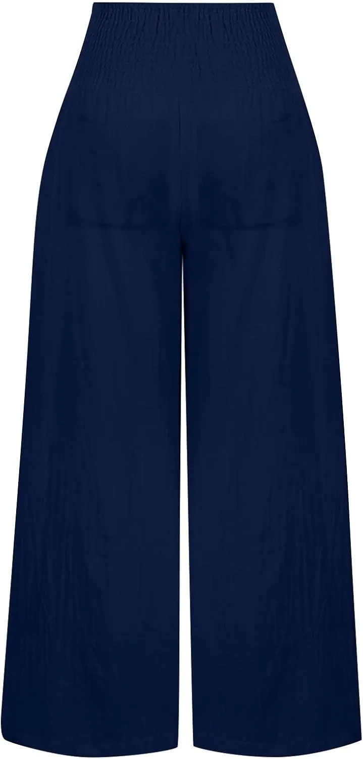 Women's Cotton Linen Summer Pull On Palazzo Lounge Pants Low Waist Bootcut Slim-Fit Trousers Trendy