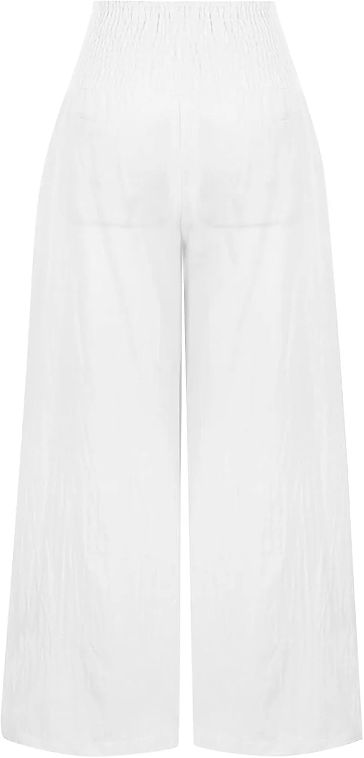 Women's Cotton Linen Summer Pull On Palazzo Lounge Pants Low Waist Bootcut Slim-Fit Trousers Trendy
