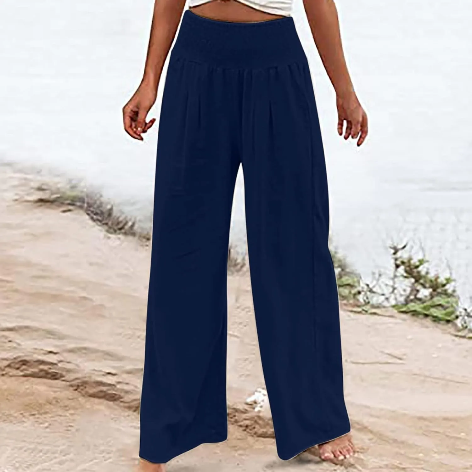 Women's Cotton Linen Summer Pull On Palazzo Lounge Pants Low Waist Bootcut Slim-Fit Trousers Trendy