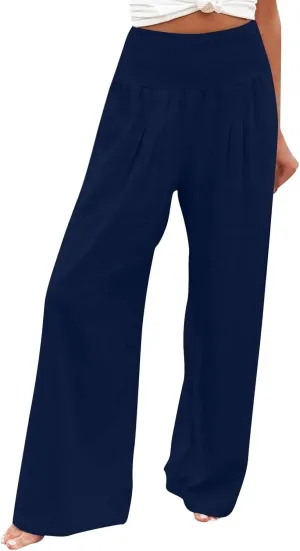 Women's Cotton Linen Summer Pull On Palazzo Lounge Pants Low Waist Bootcut Slim-Fit Trousers Trendy