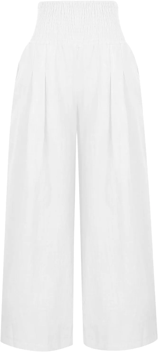 Women's Cotton Linen Summer Pull On Palazzo Lounge Pants Low Waist Bootcut Slim-Fit Trousers Trendy