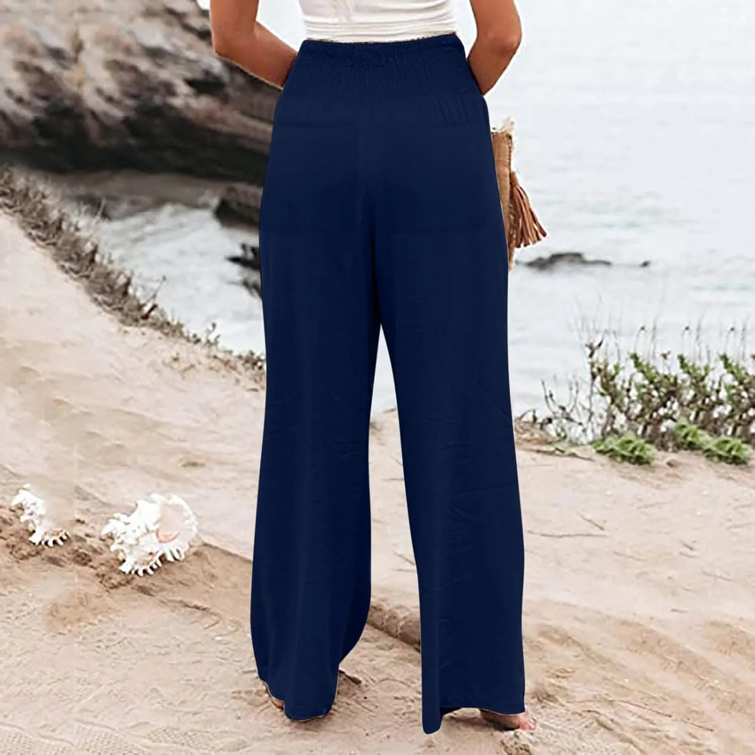 Women's Cotton Linen Summer Pull On Palazzo Lounge Pants Low Waist Bootcut Slim-Fit Trousers Trendy