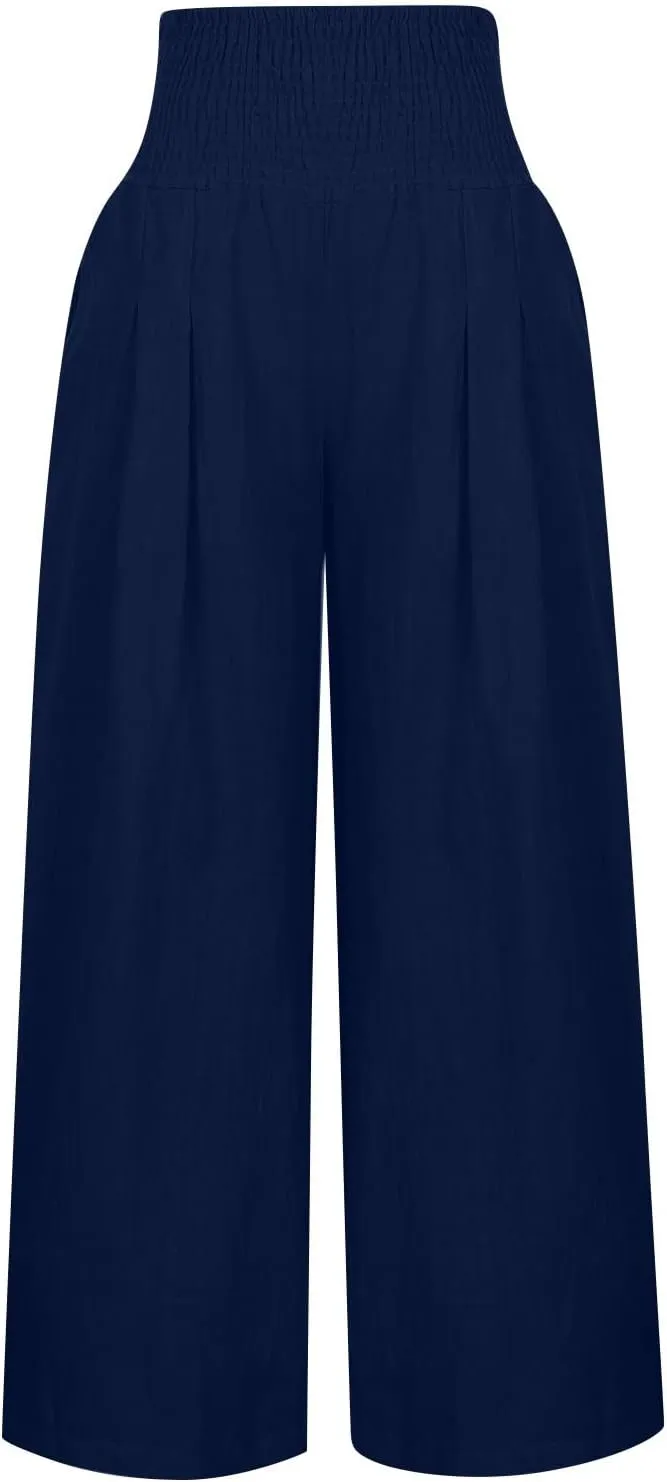 Women's Cotton Linen Summer Pull On Palazzo Lounge Pants Low Waist Bootcut Slim-Fit Trousers Trendy