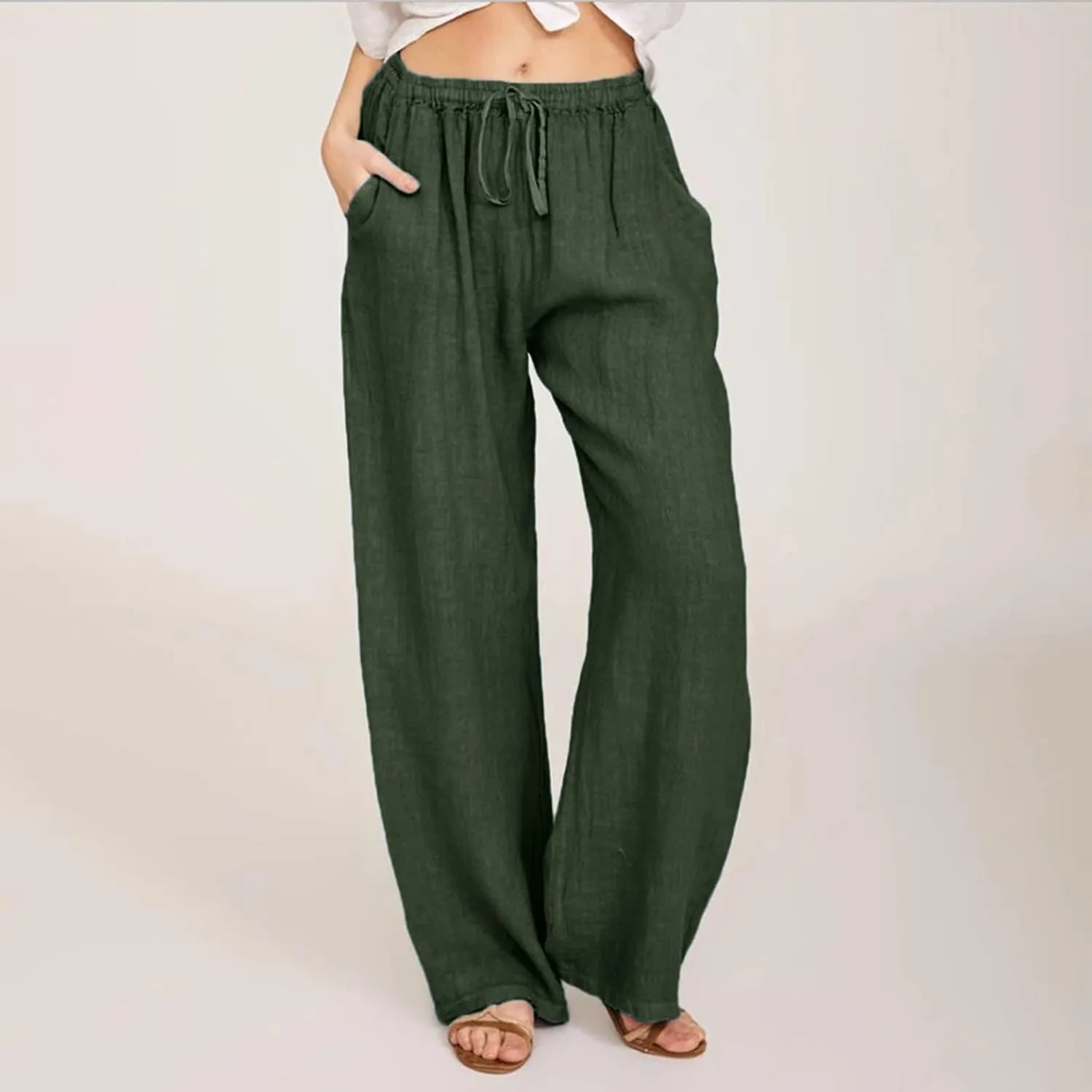 Womens Cotton Linen Summer Striped Pants High Waist Bootcut Slim Fit Trousers Trendy