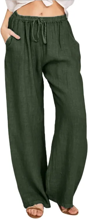 Womens Cotton Linen Summer Striped Pants High Waist Bootcut Slim Fit Trousers Trendy