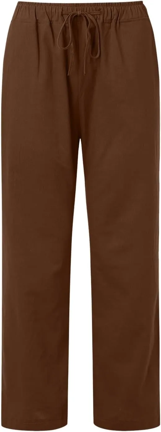 Womens Cotton Linen Summer Trendy Palazzo Pants Elastic Waist Ankle Length Slim Fit Trouser Office