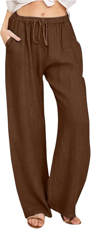 Womens Cotton Linen Summer Trendy Palazzo Pants Elastic Waist Ankle Length Slim Fit Trouser Office