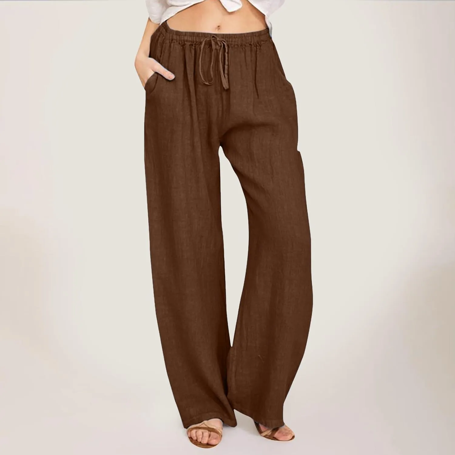 Womens Cotton Linen Summer Trendy Palazzo Pants Elastic Waist Ankle Length Slim Fit Trouser Office