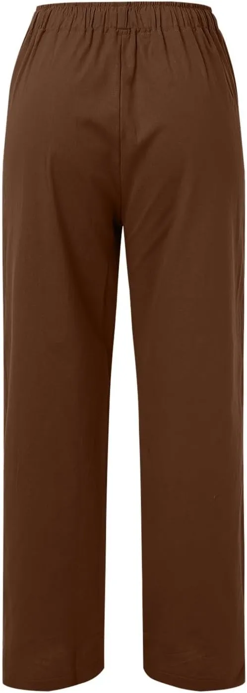 Womens Cotton Linen Summer Trendy Palazzo Pants Elastic Waist Ankle Length Slim Fit Trouser Office