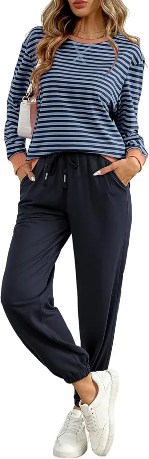 Women's Cozy 2 Piece Outfits Lounge Sets Striped Color Block Long Sleeve Tops Jogger Sweatpants Sweats Track Suits Set