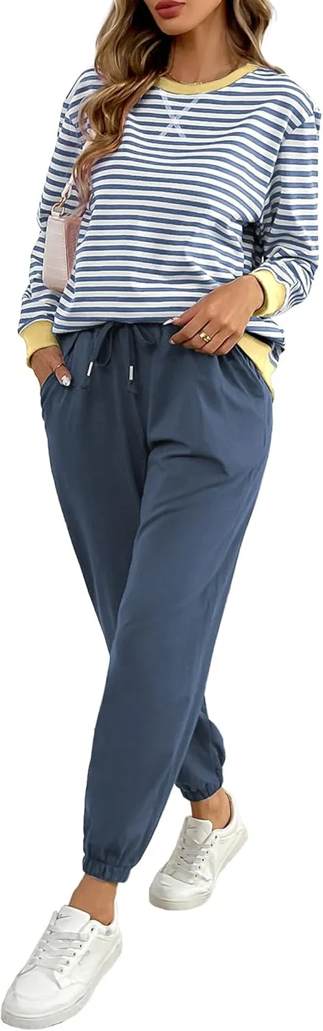 Women's Cozy 2 Piece Outfits Lounge Sets Striped Color Block Long Sleeve Tops Jogger Sweatpants Sweats Track Suits Set