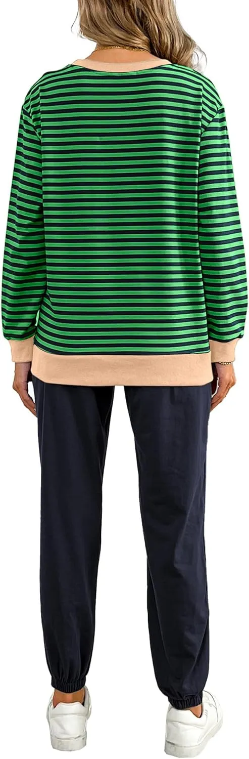Women's Cozy 2 Piece Outfits Lounge Sets Striped Color Block Long Sleeve Tops Jogger Sweatpants Sweats Track Suits Set