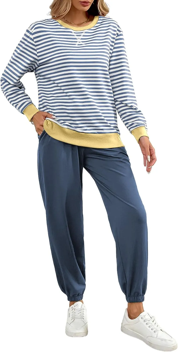 Women's Cozy 2 Piece Outfits Lounge Sets Striped Color Block Long Sleeve Tops Jogger Sweatpants Sweats Track Suits Set