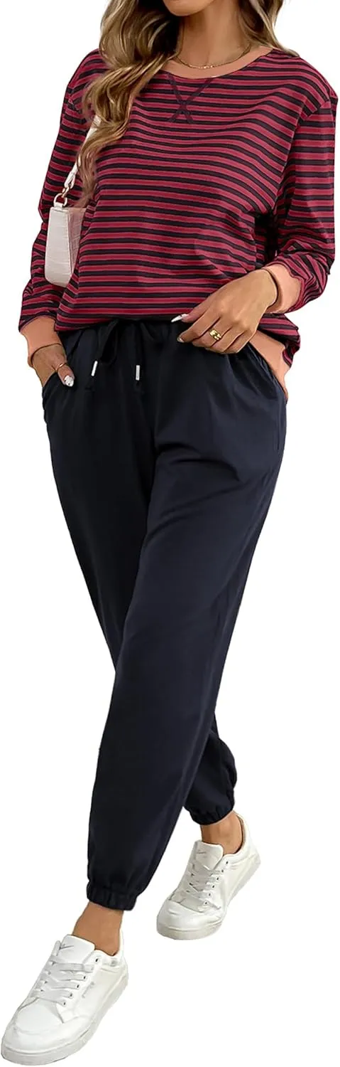 Women's Cozy 2 Piece Outfits Lounge Sets Striped Color Block Long Sleeve Tops Jogger Sweatpants Sweats Track Suits Set