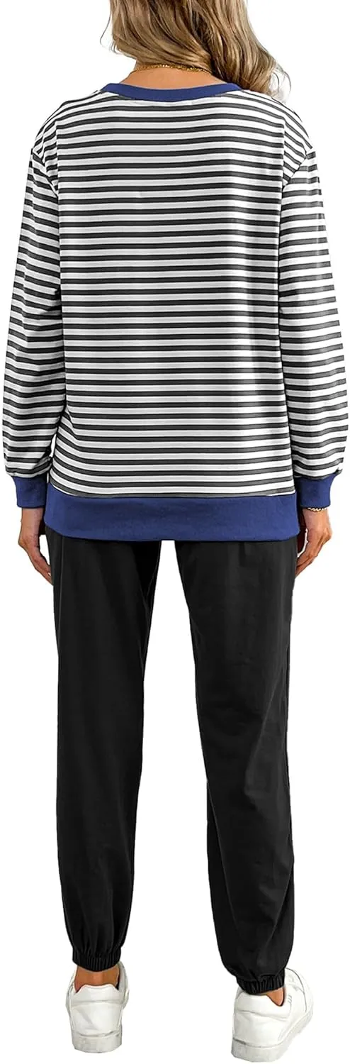Women's Cozy 2 Piece Outfits Lounge Sets Striped Color Block Long Sleeve Tops Jogger Sweatpants Sweats Track Suits Set