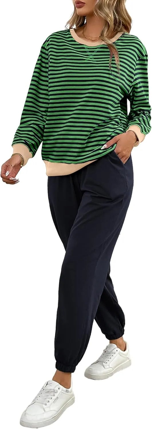 Women's Cozy 2 Piece Outfits Lounge Sets Striped Color Block Long Sleeve Tops Jogger Sweatpants Sweats Track Suits Set