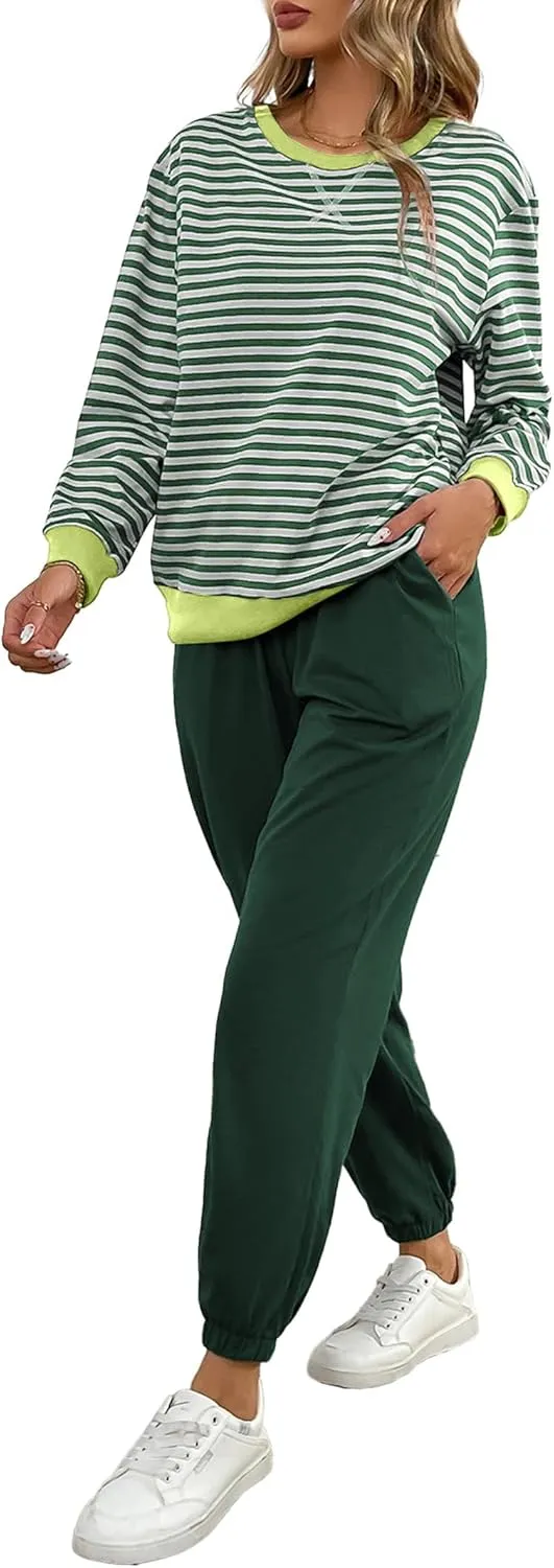 Women's Cozy 2 Piece Outfits Lounge Sets Striped Color Block Long Sleeve Tops Jogger Sweatpants Sweats Track Suits Set