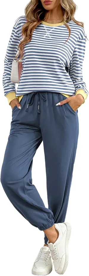 Women's Cozy 2 Piece Outfits Lounge Sets Striped Color Block Long Sleeve Tops Jogger Sweatpants Sweats Track Suits Set