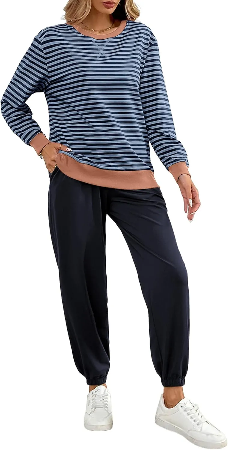 Women's Cozy 2 Piece Outfits Lounge Sets Striped Color Block Long Sleeve Tops Jogger Sweatpants Sweats Track Suits Set