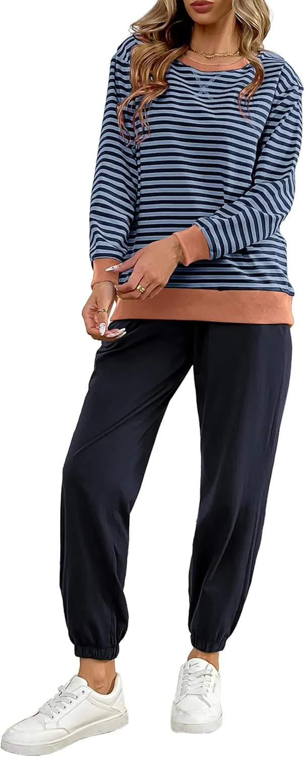 Women's Cozy 2 Piece Outfits Lounge Sets Striped Color Block Long Sleeve Tops Jogger Sweatpants Sweats Track Suits Set
