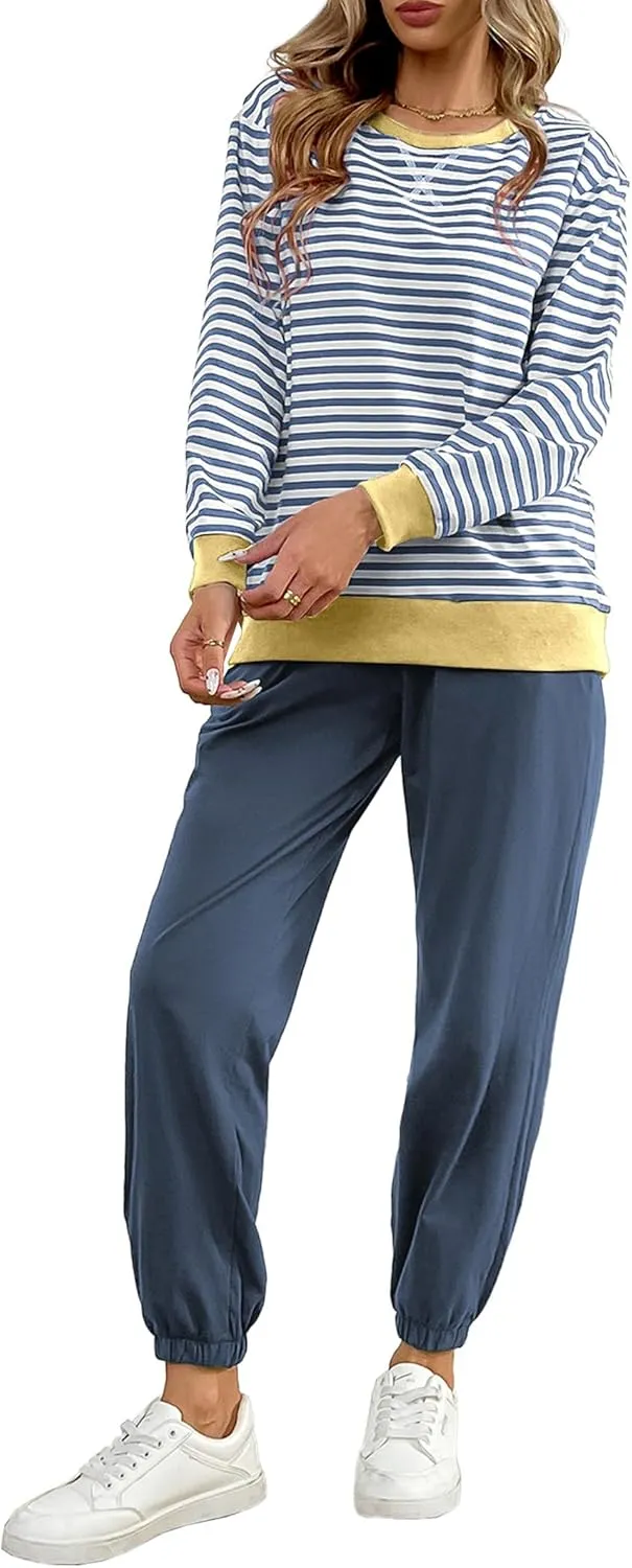 Women's Cozy 2 Piece Outfits Lounge Sets Striped Color Block Long Sleeve Tops Jogger Sweatpants Sweats Track Suits Set