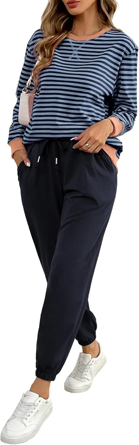 Women's Cozy 2 Piece Outfits Lounge Sets Striped Color Block Long Sleeve Tops Jogger Sweatpants Sweats Track Suits Set