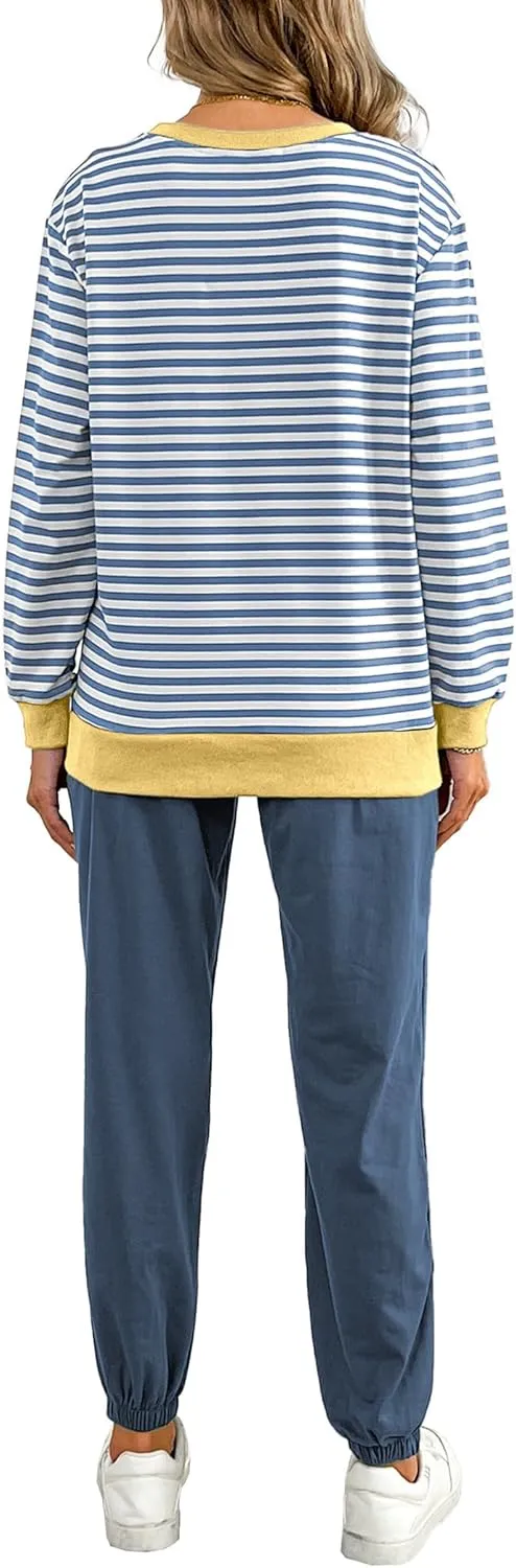 Women's Cozy 2 Piece Outfits Lounge Sets Striped Color Block Long Sleeve Tops Jogger Sweatpants Sweats Track Suits Set