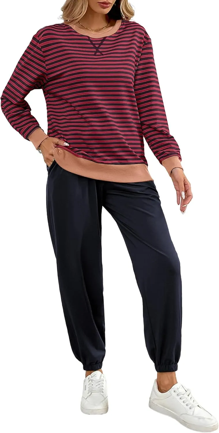 Women's Cozy 2 Piece Outfits Lounge Sets Striped Color Block Long Sleeve Tops Jogger Sweatpants Sweats Track Suits Set