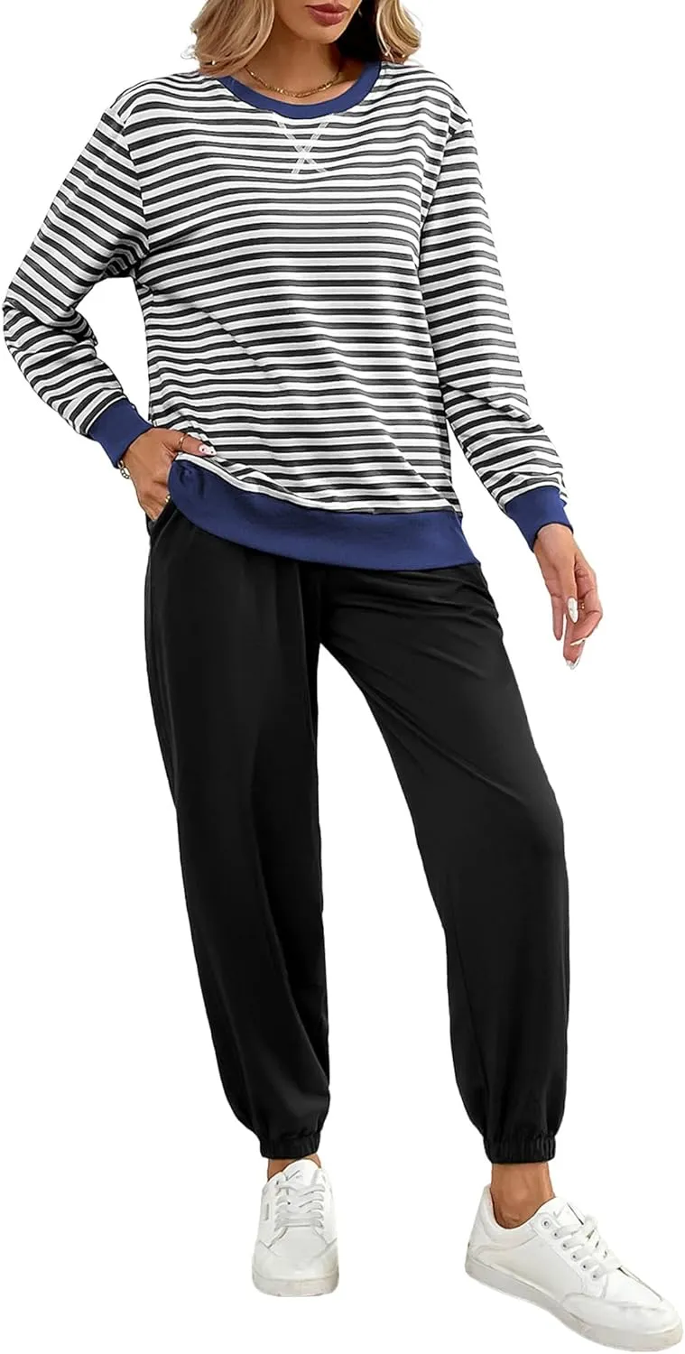 Women's Cozy 2 Piece Outfits Lounge Sets Striped Color Block Long Sleeve Tops Jogger Sweatpants Sweats Track Suits Set
