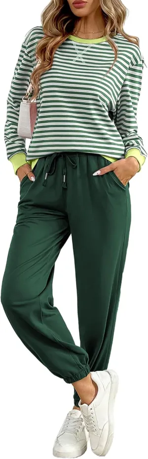 Women's Cozy 2 Piece Outfits Lounge Sets Striped Color Block Long Sleeve Tops Jogger Sweatpants Sweats Track Suits Set