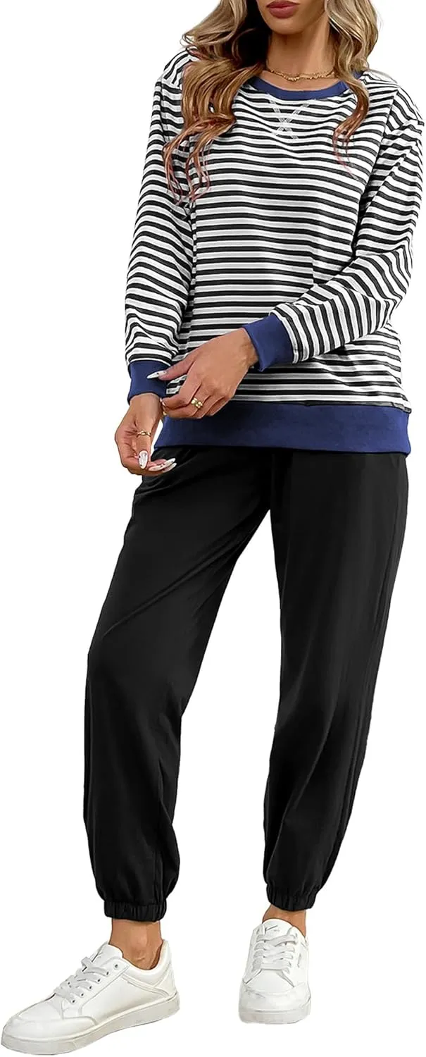 Women's Cozy 2 Piece Outfits Lounge Sets Striped Color Block Long Sleeve Tops Jogger Sweatpants Sweats Track Suits Set