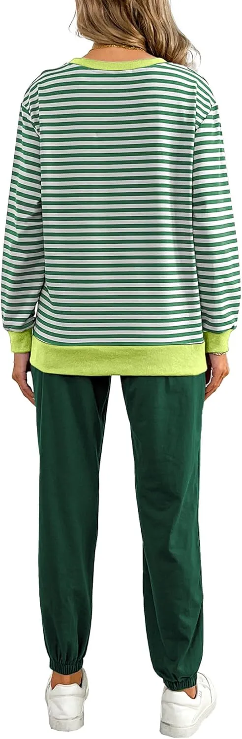 Women's Cozy 2 Piece Outfits Lounge Sets Striped Color Block Long Sleeve Tops Jogger Sweatpants Sweats Track Suits Set