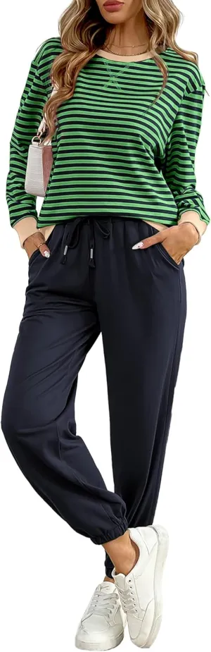 Women's Cozy 2 Piece Outfits Lounge Sets Striped Color Block Long Sleeve Tops Jogger Sweatpants Sweats Track Suits Set