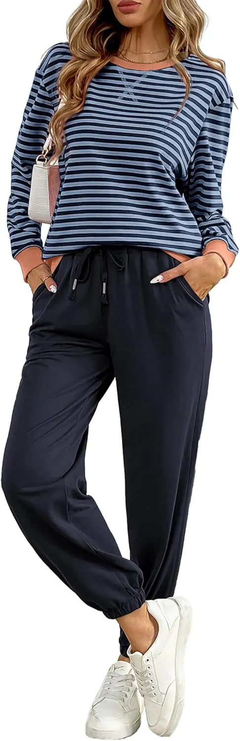 Women's Cozy 2 Piece Outfits Lounge Sets Striped Color Block Long Sleeve Tops Jogger Sweatpants Sweats Track Suits Set