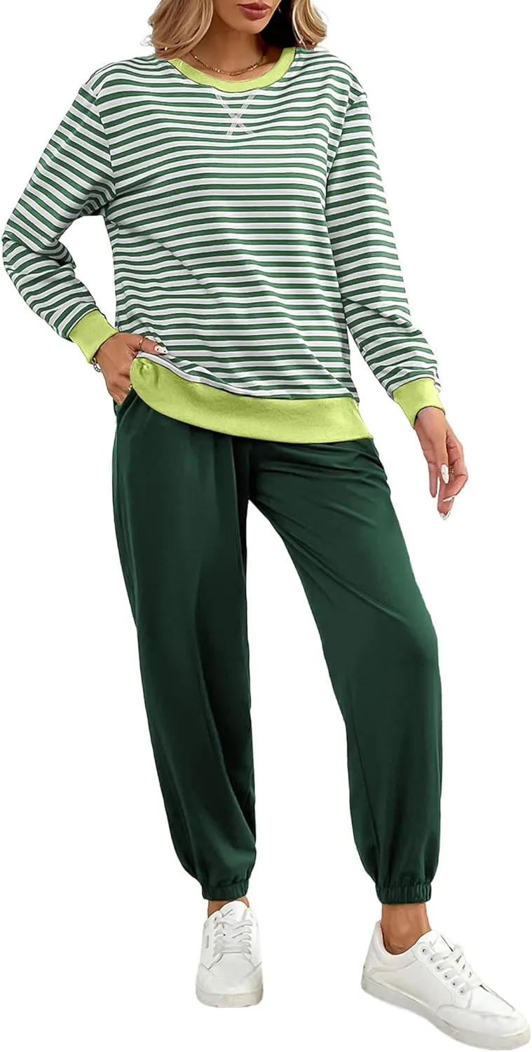 Women's Cozy 2 Piece Outfits Lounge Sets Striped Color Block Long Sleeve Tops Jogger Sweatpants Sweats Track Suits Set