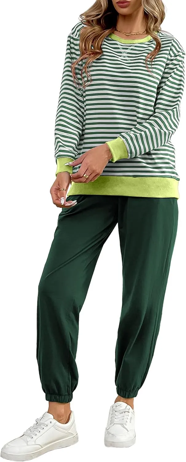 Women's Cozy 2 Piece Outfits Lounge Sets Striped Color Block Long Sleeve Tops Jogger Sweatpants Sweats Track Suits Set