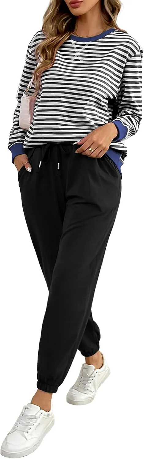 Women's Cozy 2 Piece Outfits Lounge Sets Striped Color Block Long Sleeve Tops Jogger Sweatpants Sweats Track Suits Set