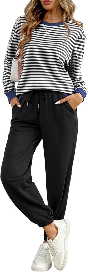 Women's Cozy 2 Piece Outfits Lounge Sets Striped Color Block Long Sleeve Tops Jogger Sweatpants Sweats Track Suits Set