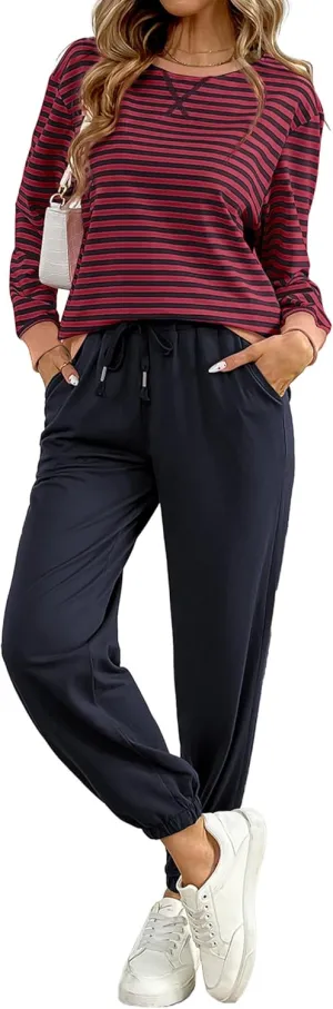 Women's Cozy 2 Piece Outfits Lounge Sets Striped Color Block Long Sleeve Tops Jogger Sweatpants Sweats Track Suits Set