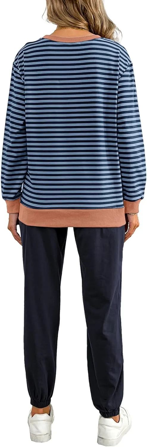 Women's Cozy 2 Piece Outfits Lounge Sets Striped Color Block Long Sleeve Tops Jogger Sweatpants Sweats Track Suits Set