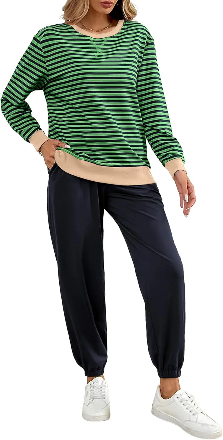 Women's Cozy 2 Piece Outfits Lounge Sets Striped Color Block Long Sleeve Tops Jogger Sweatpants Sweats Track Suits Set