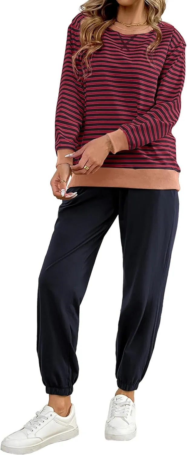 Women's Cozy 2 Piece Outfits Lounge Sets Striped Color Block Long Sleeve Tops Jogger Sweatpants Sweats Track Suits Set
