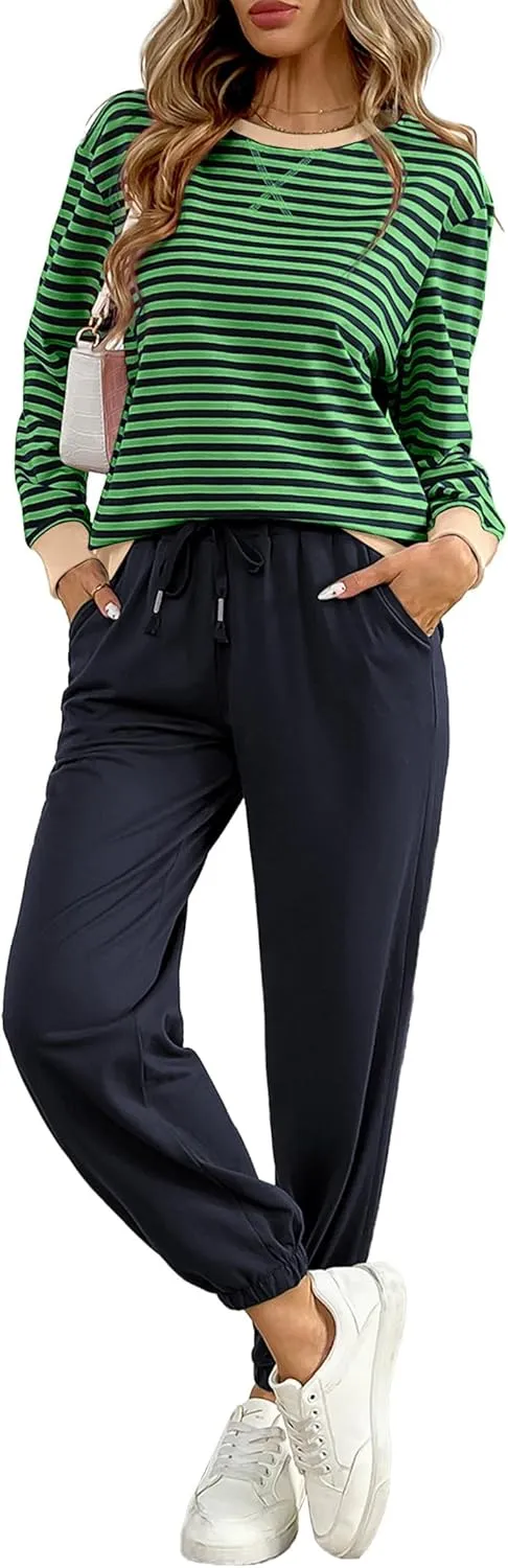 Women's Cozy 2 Piece Outfits Lounge Sets Striped Color Block Long Sleeve Tops Jogger Sweatpants Sweats Track Suits Set