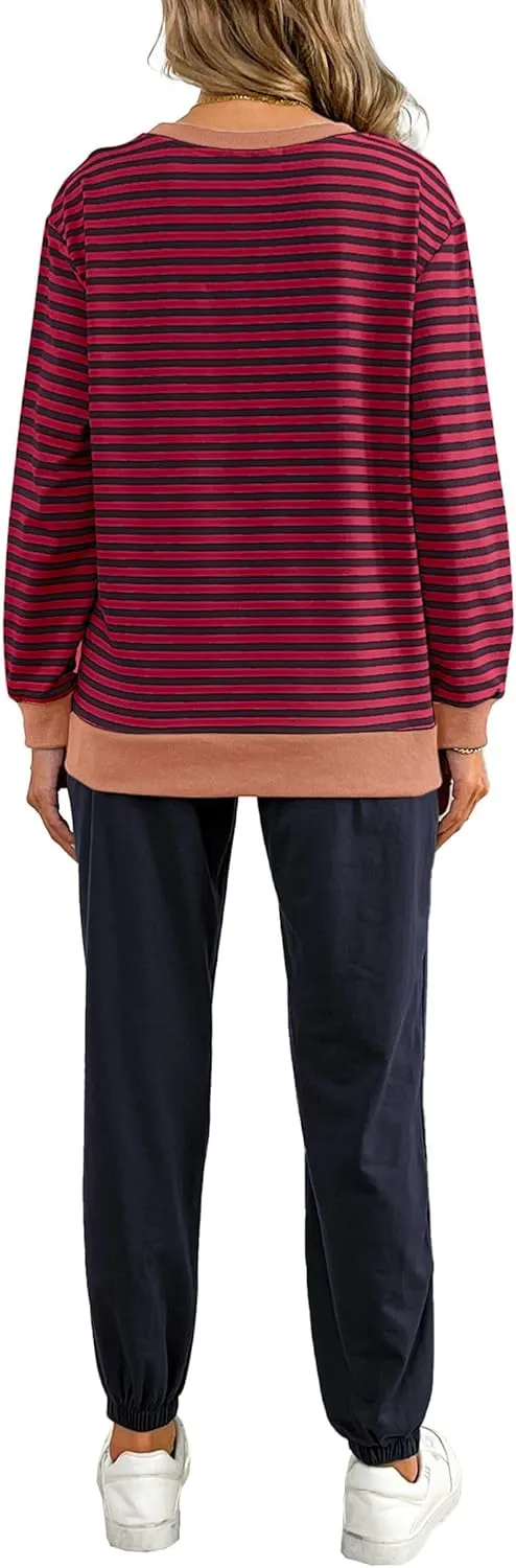 Women's Cozy 2 Piece Outfits Lounge Sets Striped Color Block Long Sleeve Tops Jogger Sweatpants Sweats Track Suits Set