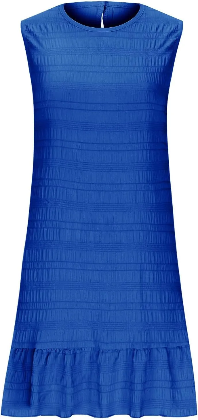 Women's Crinkle Ruffle Hem Tank Dress Round Neck Sleeveless Casual Smocked Dresses Summer Mini Sundress