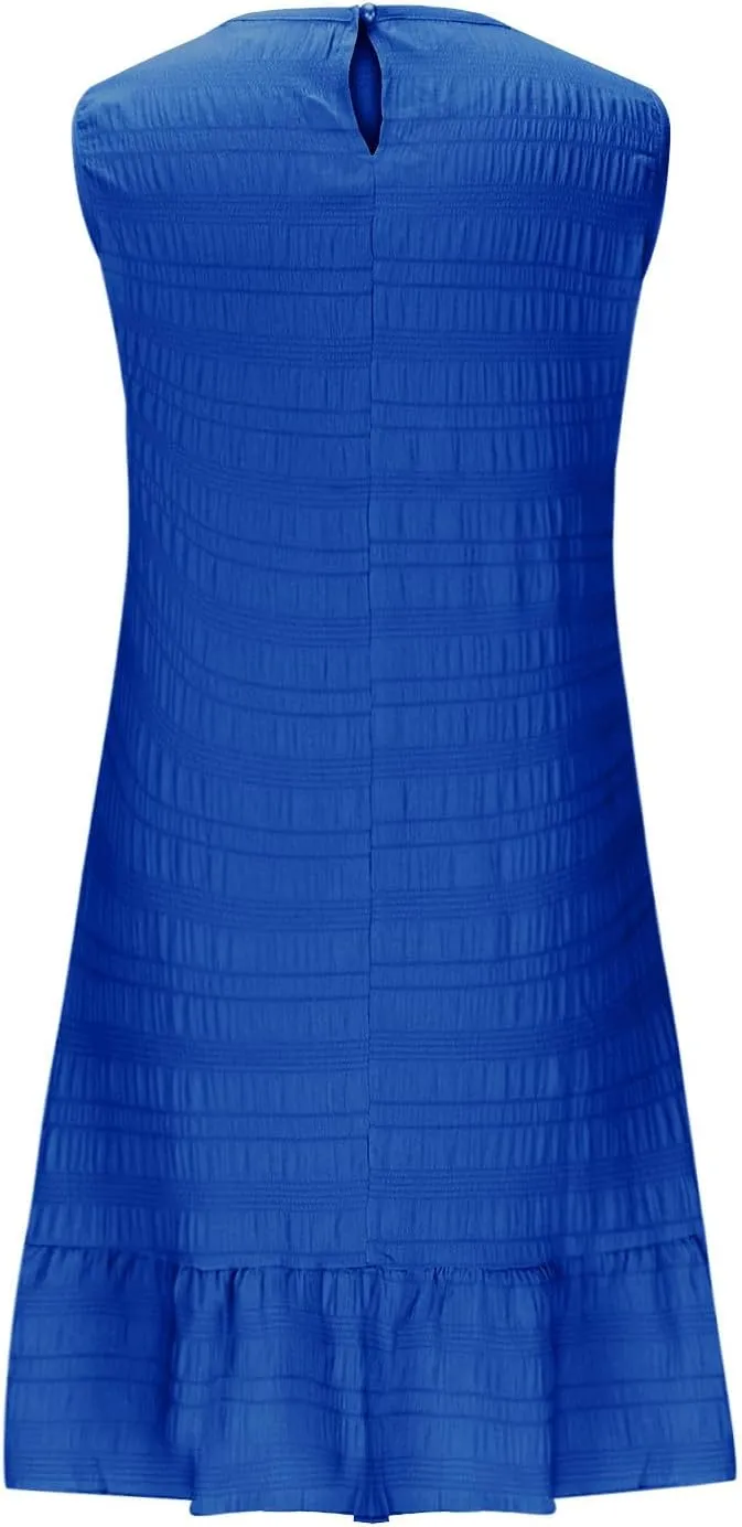 Women's Crinkle Ruffle Hem Tank Dress Round Neck Sleeveless Casual Smocked Dresses Summer Mini Sundress