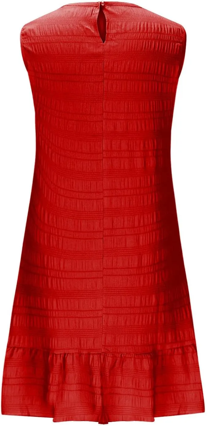 Women's Crinkle Ruffle Hem Tank Dress Round Neck Sleeveless Casual Smocked Dresses Summer Mini Sundress