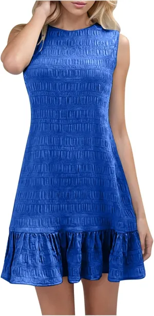 Women's Crinkle Ruffle Hem Tank Dress Round Neck Sleeveless Casual Smocked Dresses Summer Mini Sundress